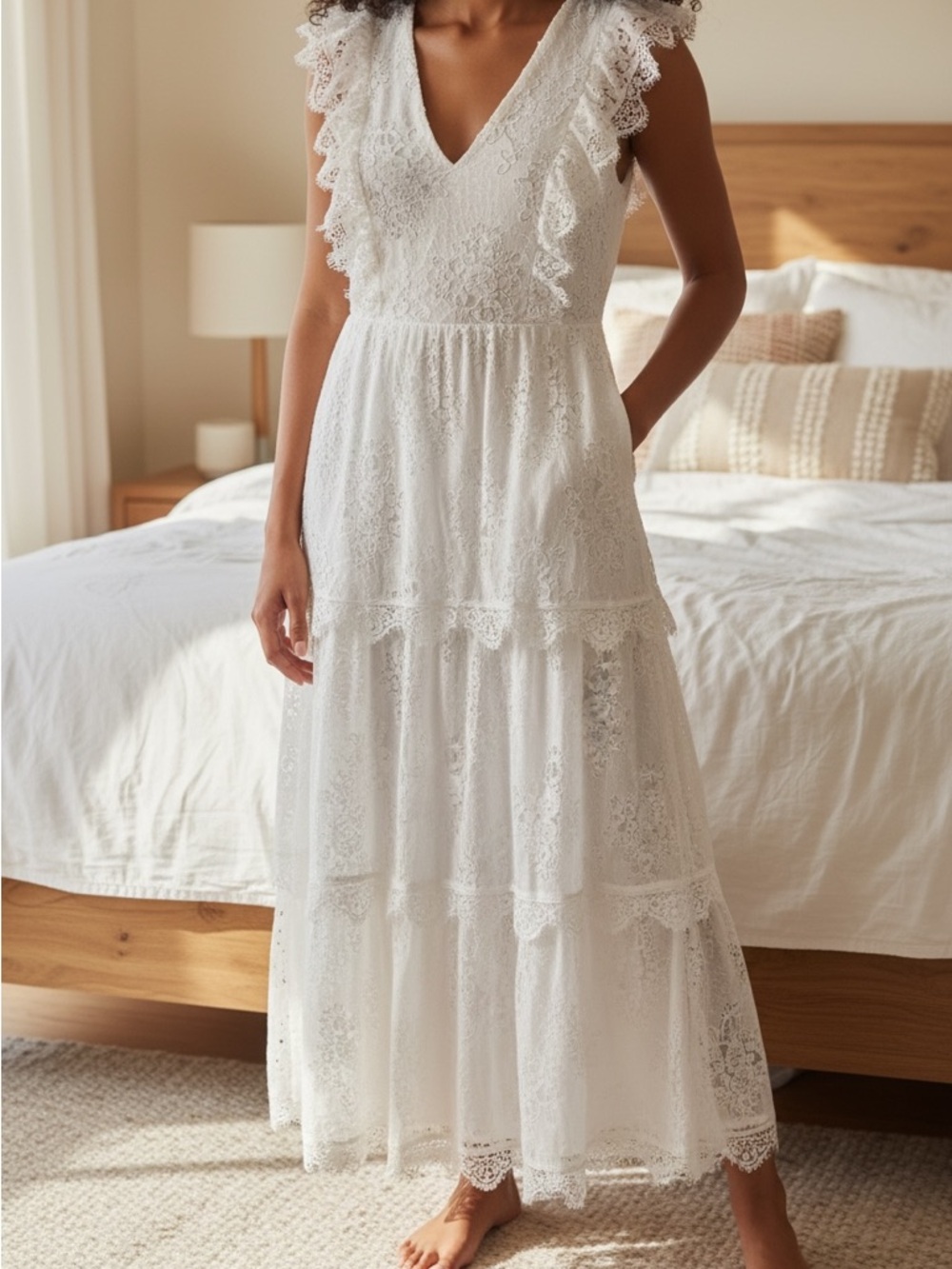Premier White Lace Maxi Dress with Ruffle Sleeves